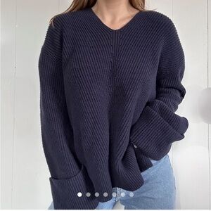 Anthropologie Chunky Hooded Sweater Rib Oversized Fisherman Bell Sleeve Navy XS